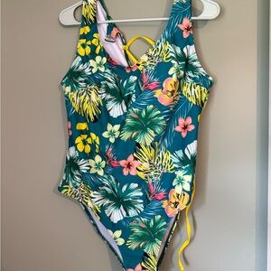 SHEIN Blue and Yellow One Piece Swimsuit Tropical Design
